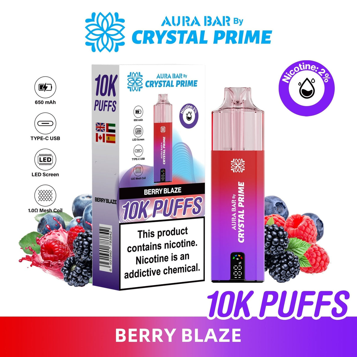 Aura Bar 10000 Disposable Vape By Crystal Prime - Pack of 5 - Berry Blaze - vapeukwholesale