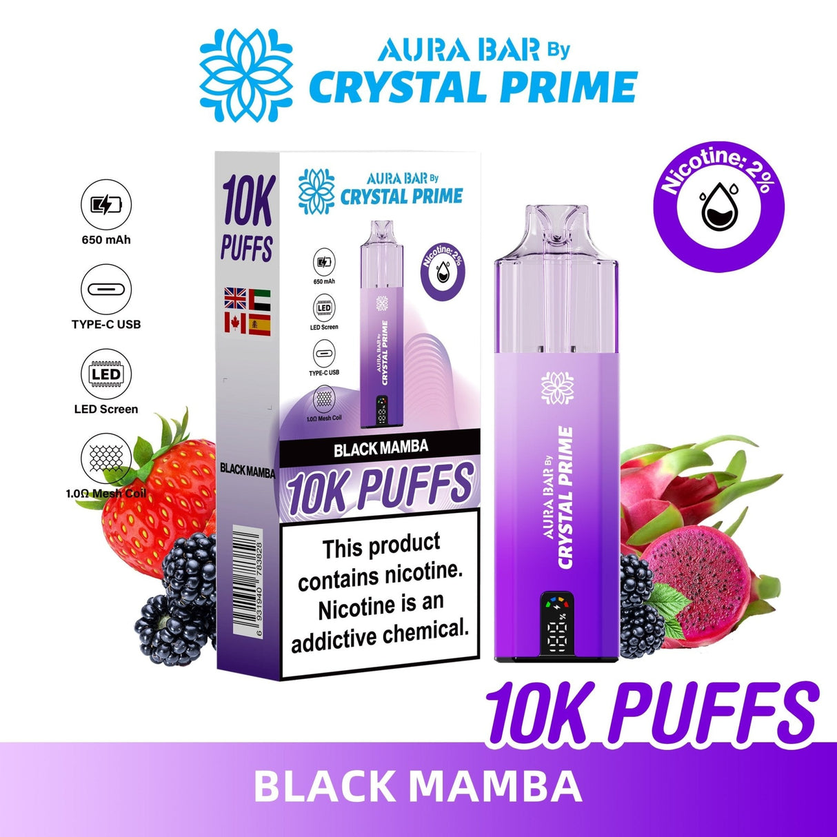 Aura Bar 10000 Disposable Vape By Crystal Prime - Pack of 5 - Black Mamba - vapeukwholesale