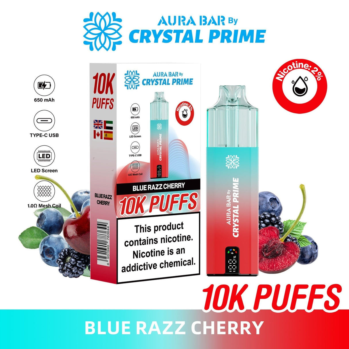 Aura Bar 10000 Disposable Vape By Crystal Prime - Pack of 5 - Blue Razz Cherry - vapeukwholesale