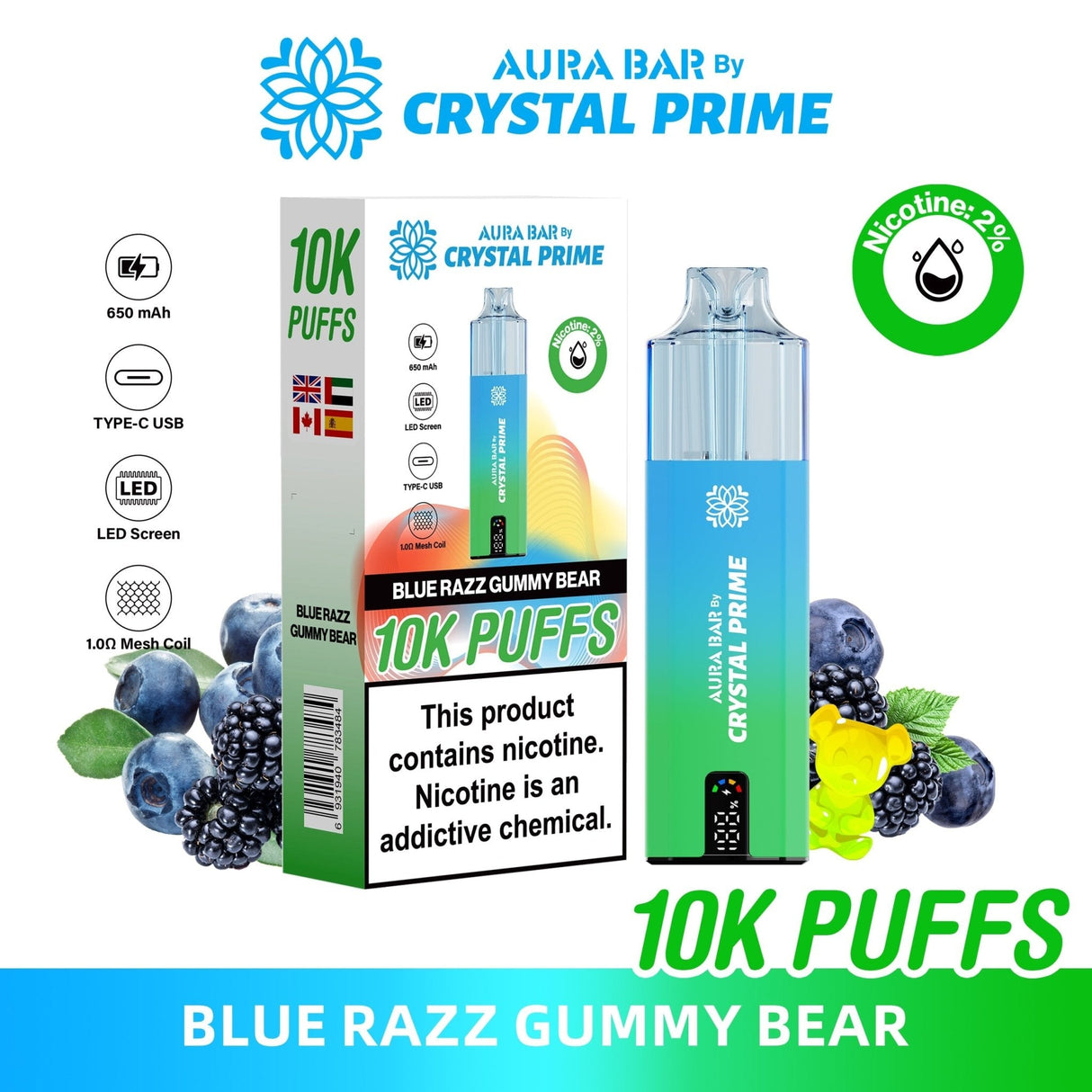 Aura Bar 10000 Disposable Vape By Crystal Prime - Pack of 5 - Blue Razz Gummy Bear - vapeukwholesale