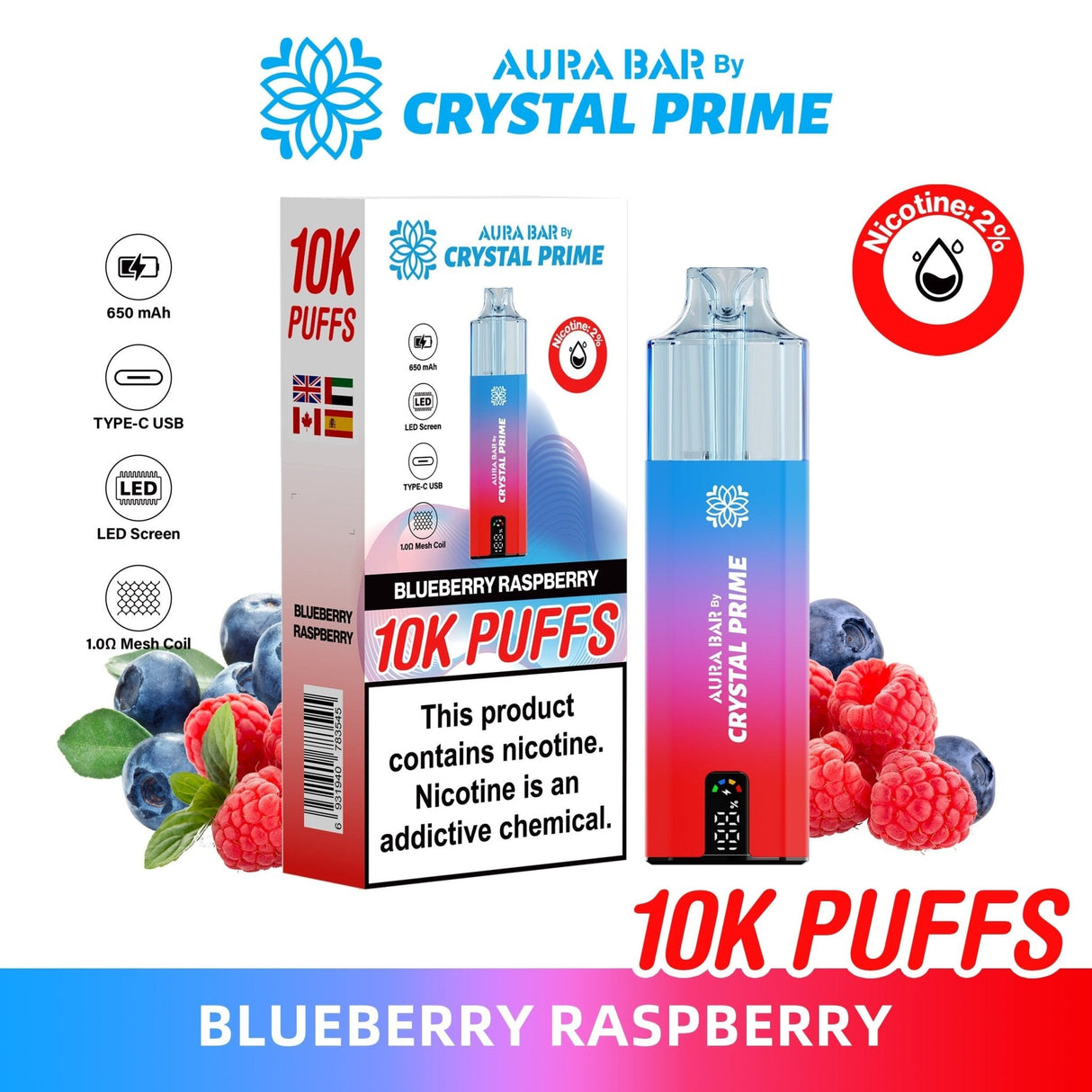 Aura Bar 10000 Disposable Vape By Crystal Prime - Pack of 5 - Blueberry Raspberry - vapeukwholesale