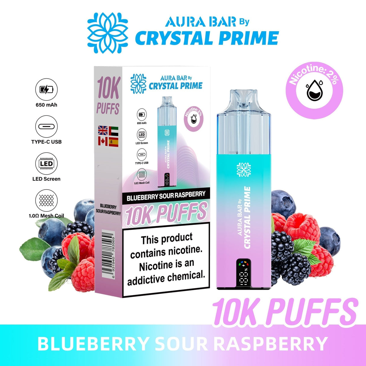 Aura Bar 10000 Disposable Vape By Crystal Prime - Pack of 5 - Blueberry Sour Raspberry - vapeukwholesale