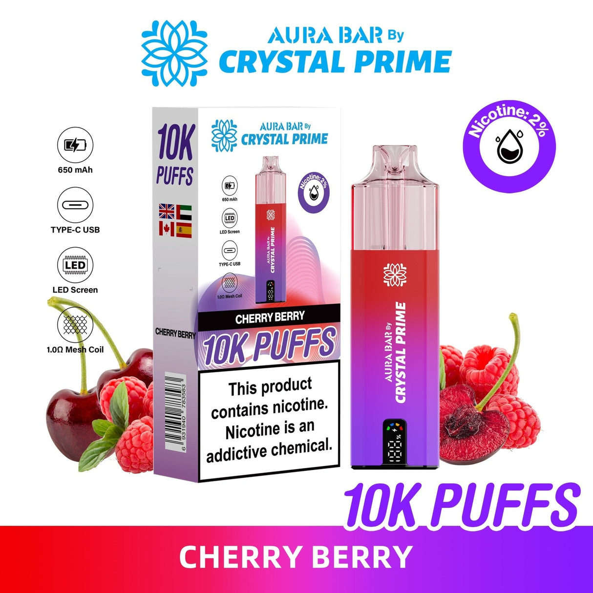 Aura Bar 10000 Disposable Vape By Crystal Prime - Pack of 5 - Cherry Berry - vapeukwholesale