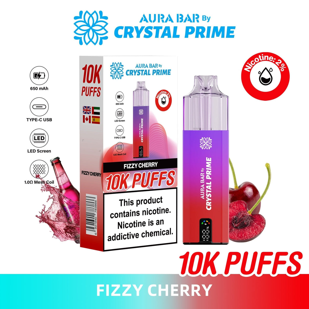 Aura Bar 10000 Disposable Vape By Crystal Prime - Pack of 5 - Fizzy Cherry - vapeukwholesale