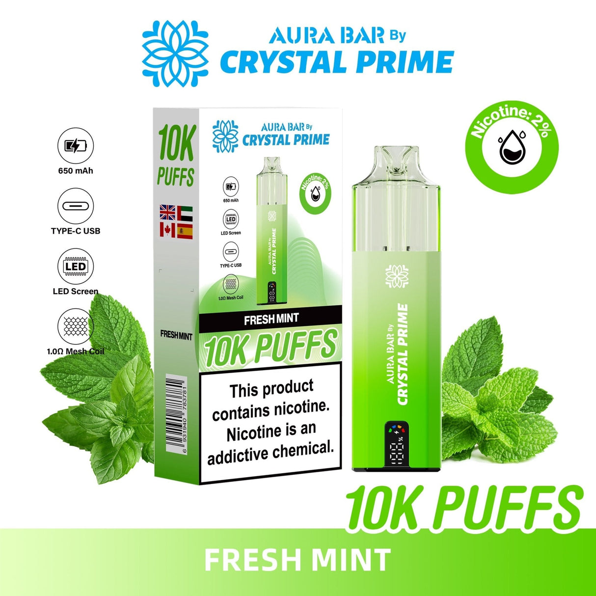 Aura Bar 10000 Disposable Vape By Crystal Prime - Pack of 5 - Fresh Mint - vapeukwholesale