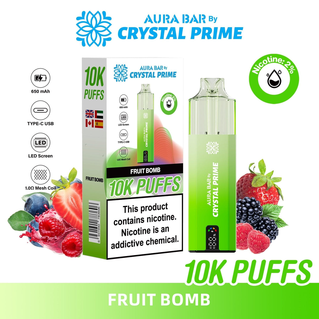 Aura Bar 10000 Disposable Vape By Crystal Prime - Pack of 5 - Fruit Bomb - vapeukwholesale