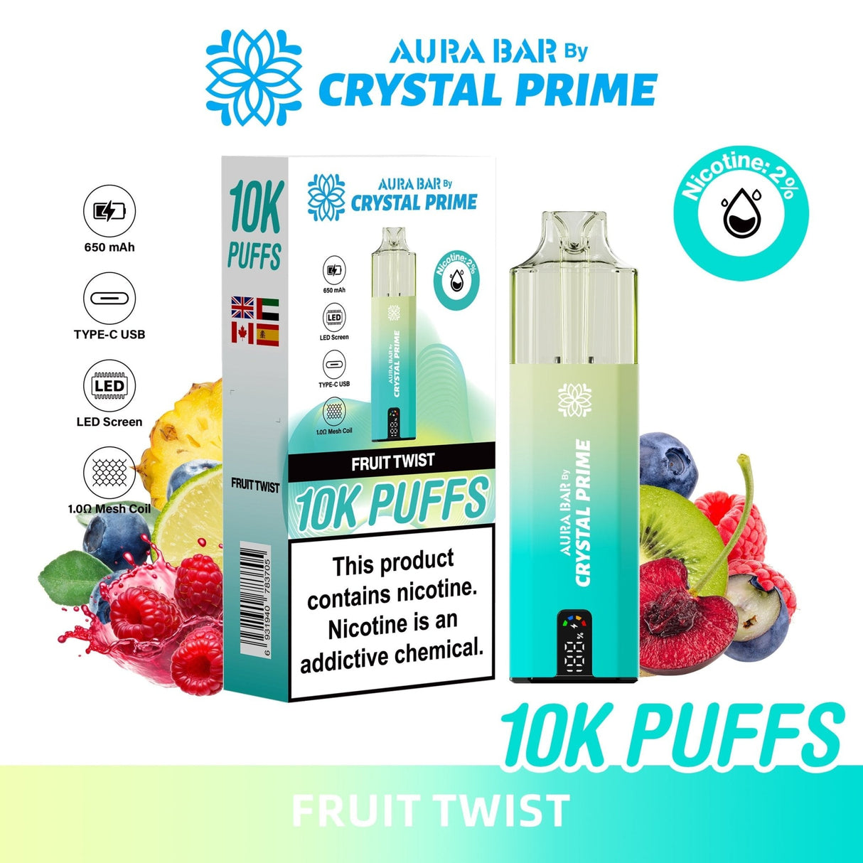 Aura Bar 10000 Disposable Vape By Crystal Prime - Pack of 5 - Fruit Twist - vapeukwholesale