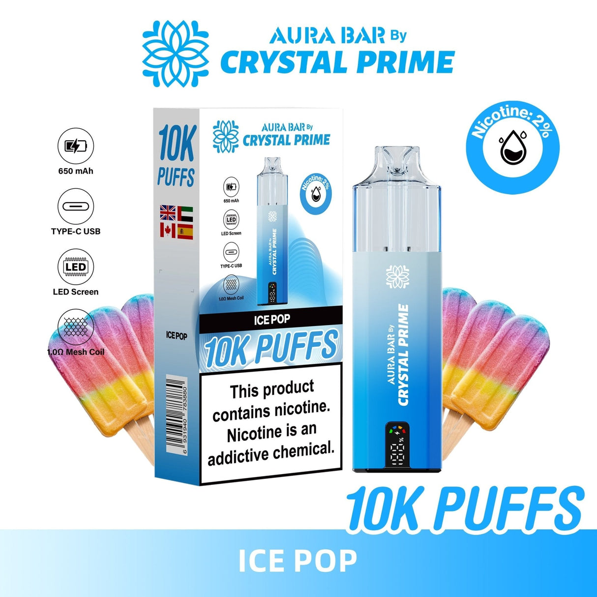 Aura Bar 10000 Disposable Vape By Crystal Prime - Pack of 5 - Ice Pop - vapeukwholesale