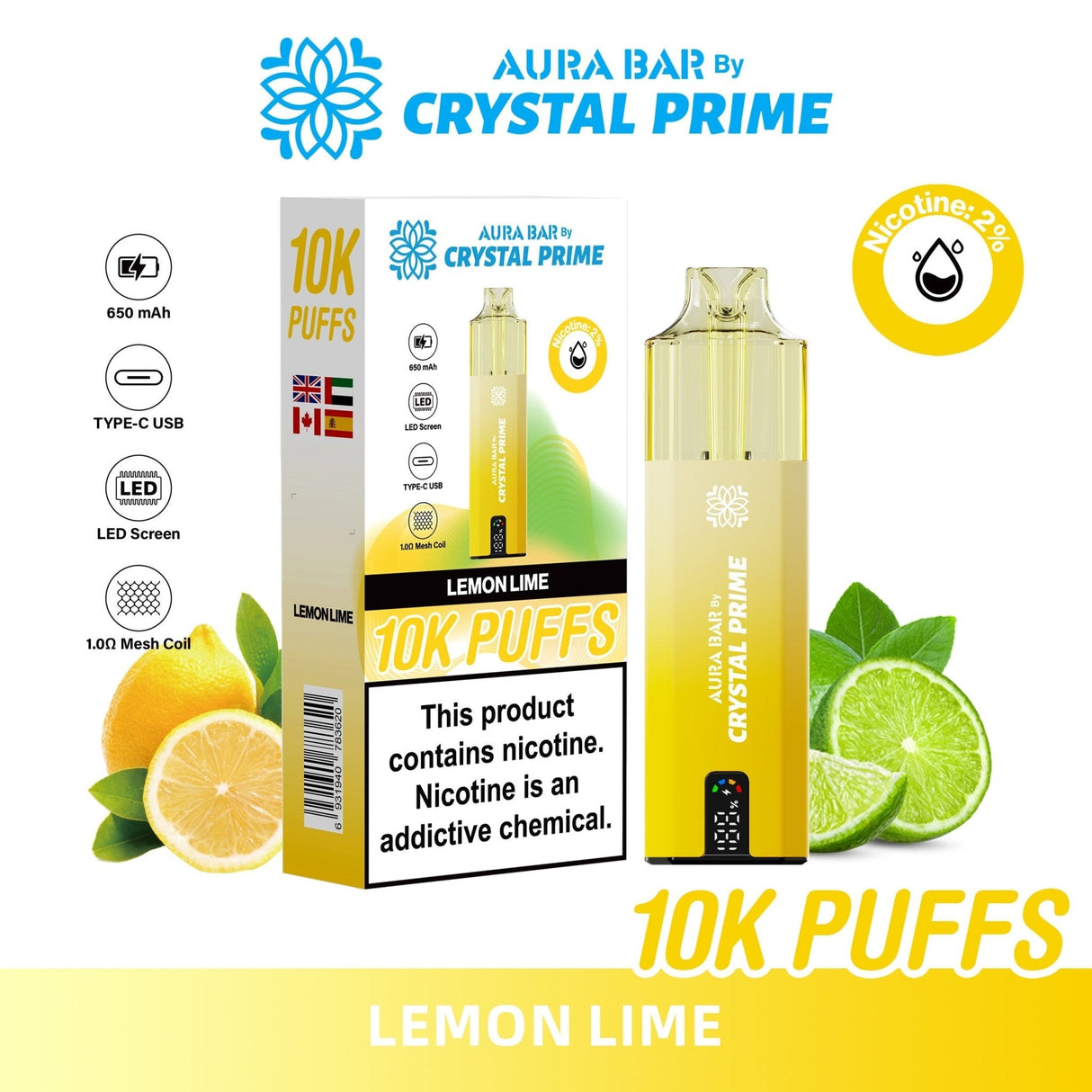 Aura Bar 10000 Disposable Vape By Crystal Prime - Pack of 5 - Lemon Lime - vapeukwholesale