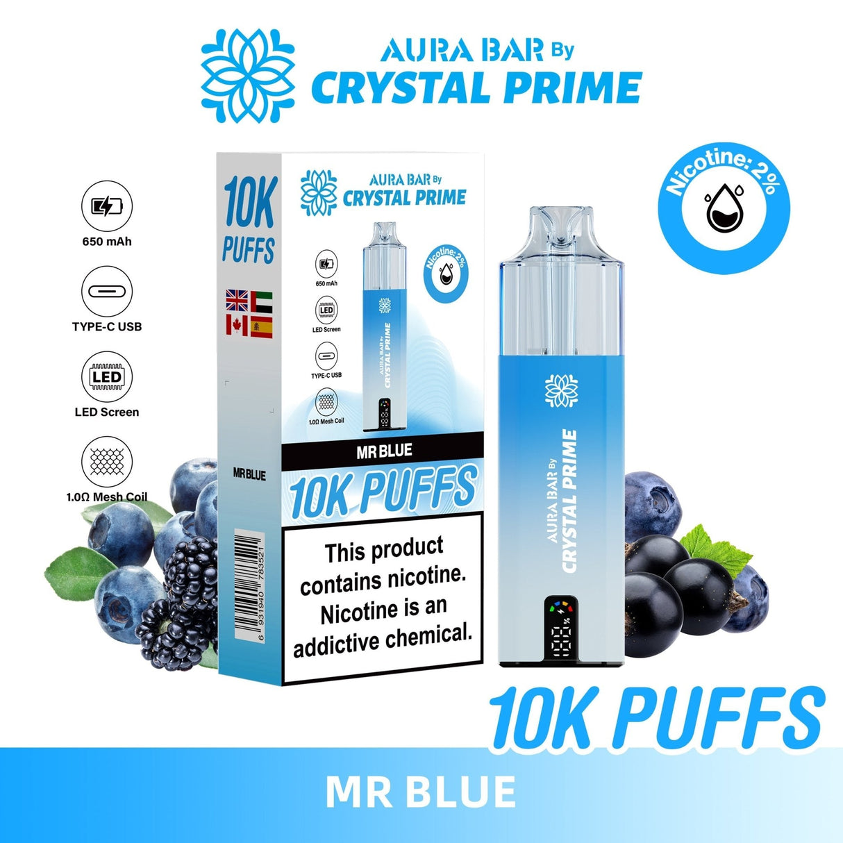Aura Bar 10000 Disposable Vape By Crystal Prime - Pack of 5 - Mr Blue - vapeukwholesale