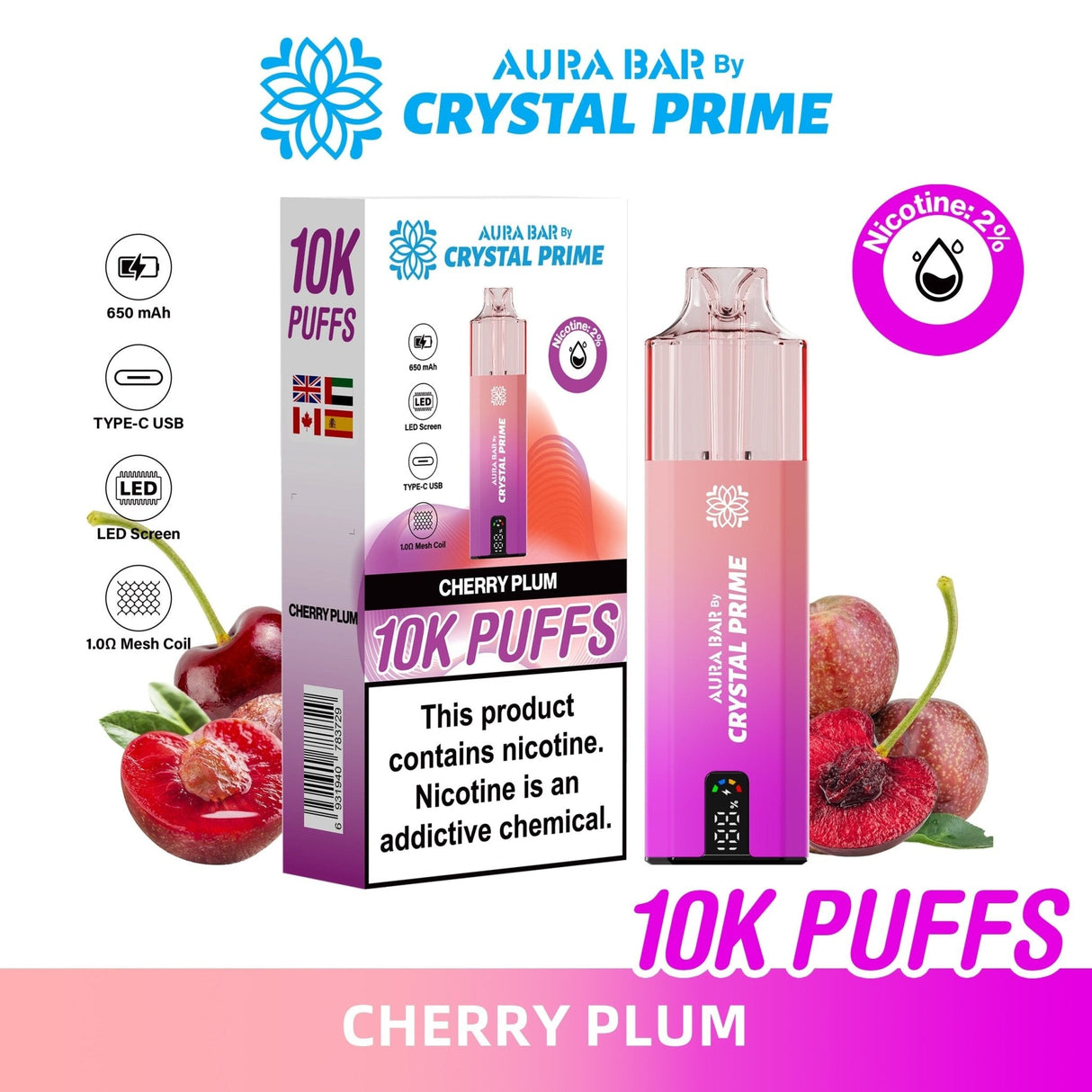 Aura Bar 10000 Disposable Vape By Crystal Prime - Pack of 5 - Plum Cherry - vapeukwholesale