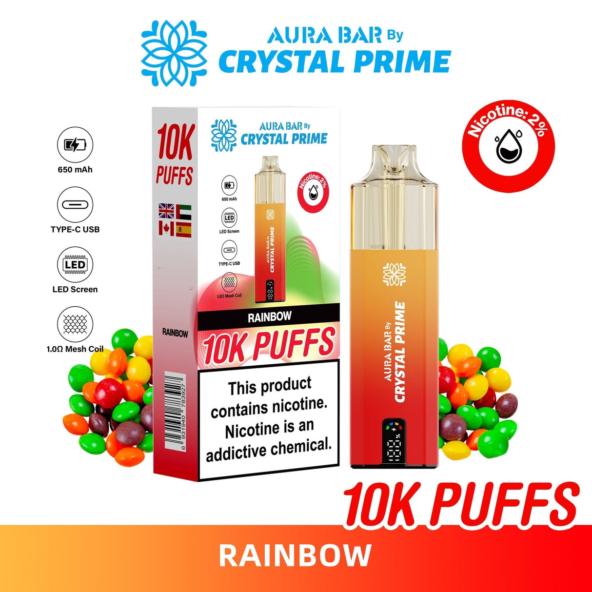 Aura Bar 10000 Disposable Vape By Crystal Prime - Pack of 5 - Rainbow - vapeukwholesale