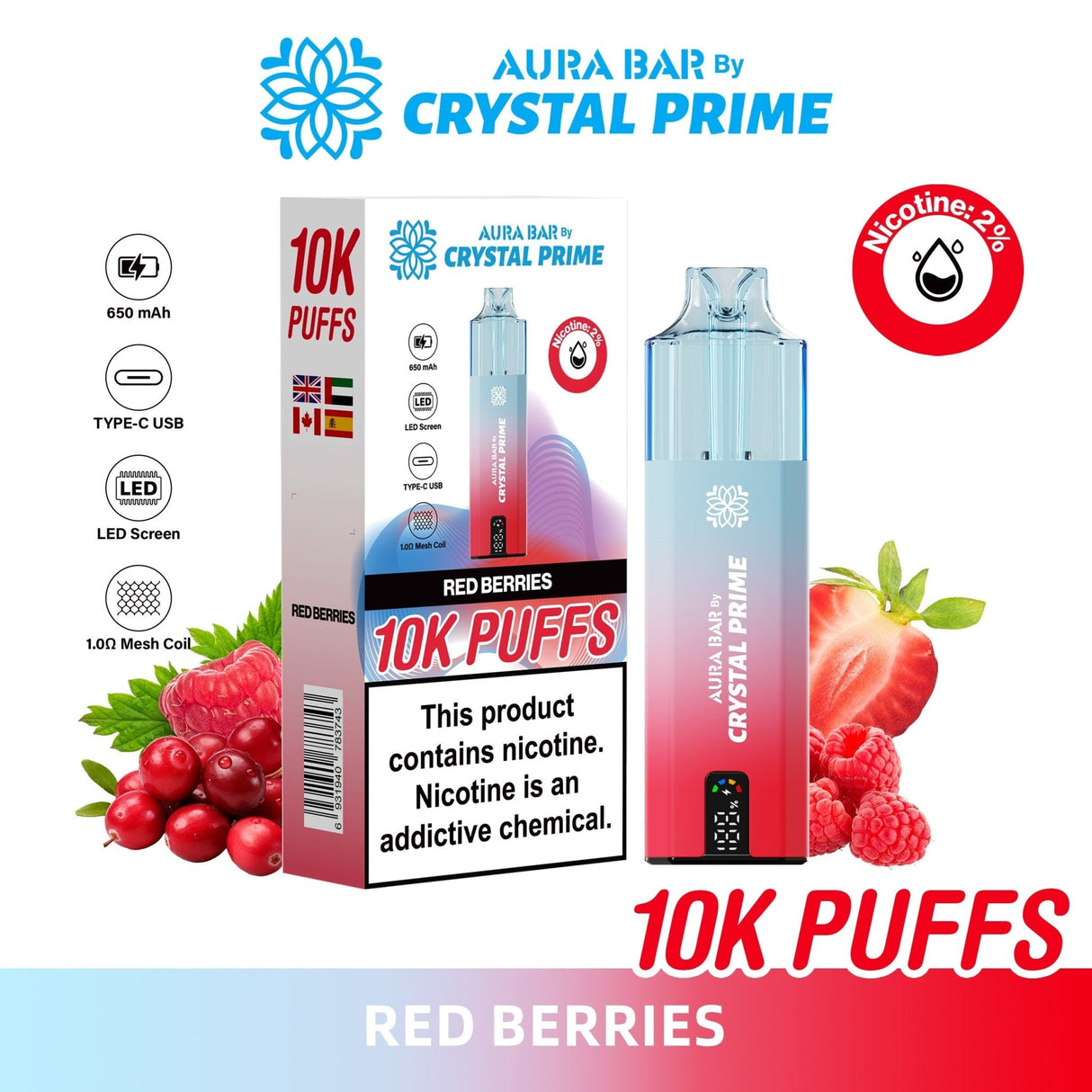 Aura Bar 10000 Disposable Vape By Crystal Prime - Pack of 5 - Red Berries - vapeukwholesale