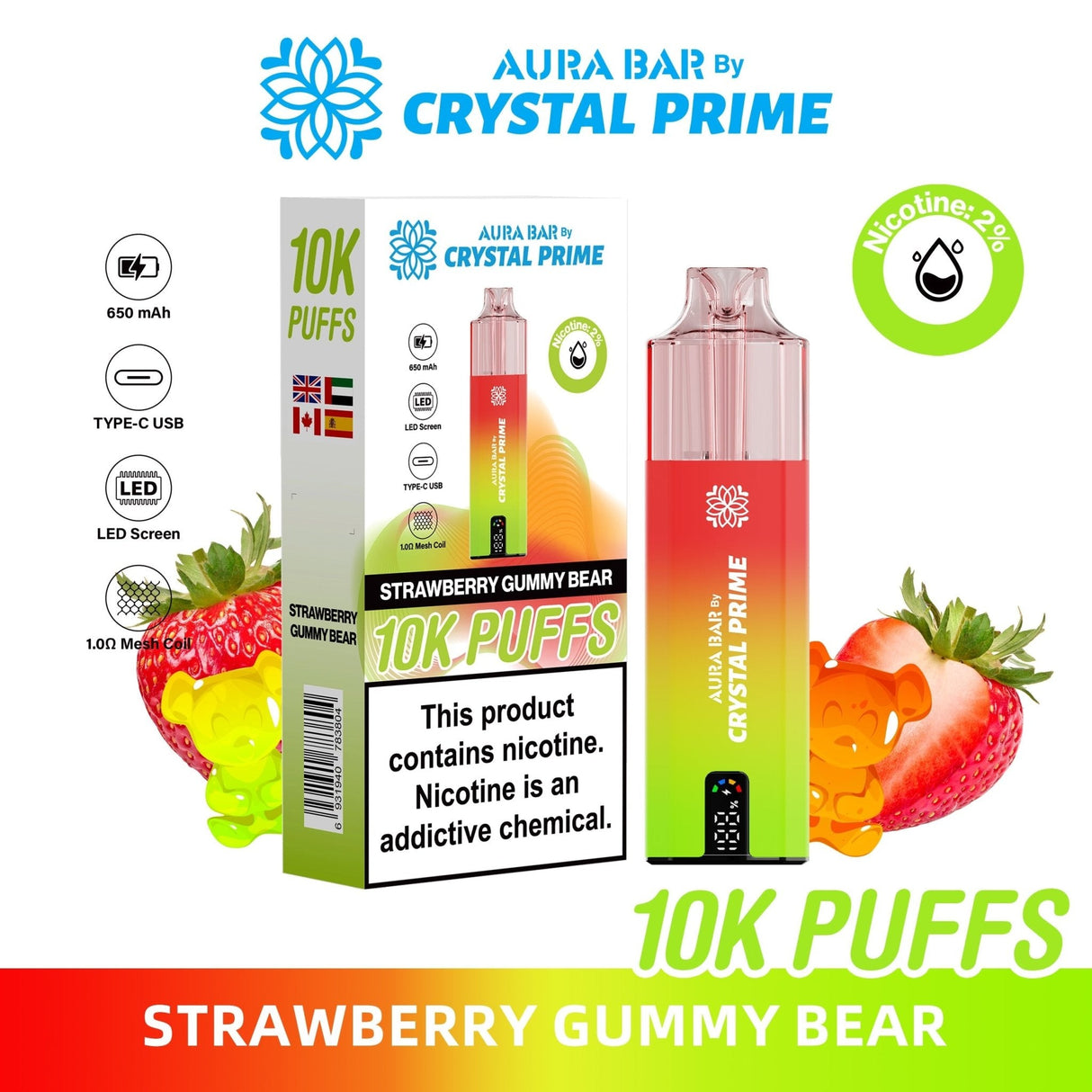 Aura Bar 10000 Disposable Vape By Crystal Prime - Pack of 5 - Strawberry Gummy Bear - vapeukwholesale