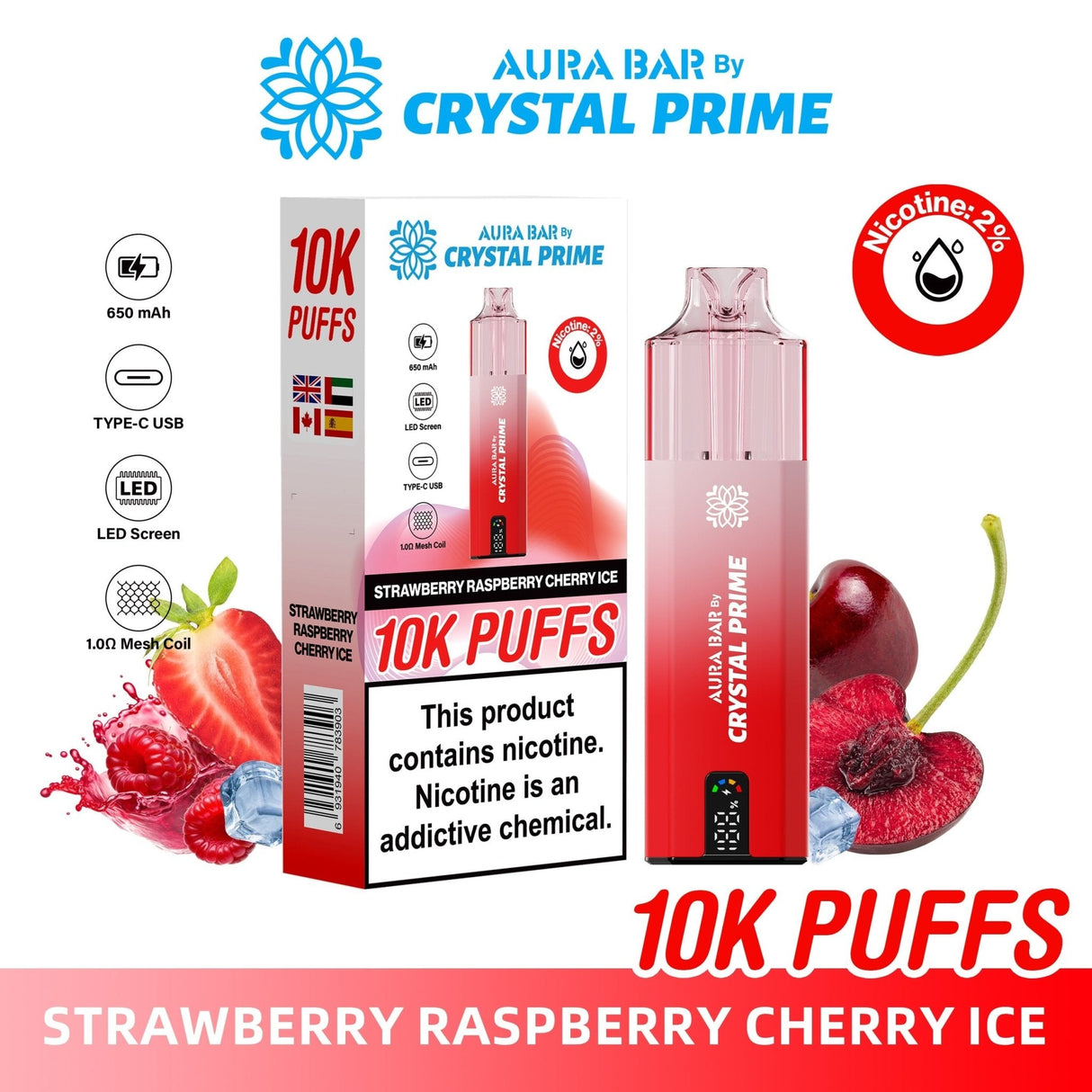 Aura Bar 10000 Disposable Vape By Crystal Prime - Pack of 5 - Strawberry Raspberry Cherry Ice - vapeukwholesale