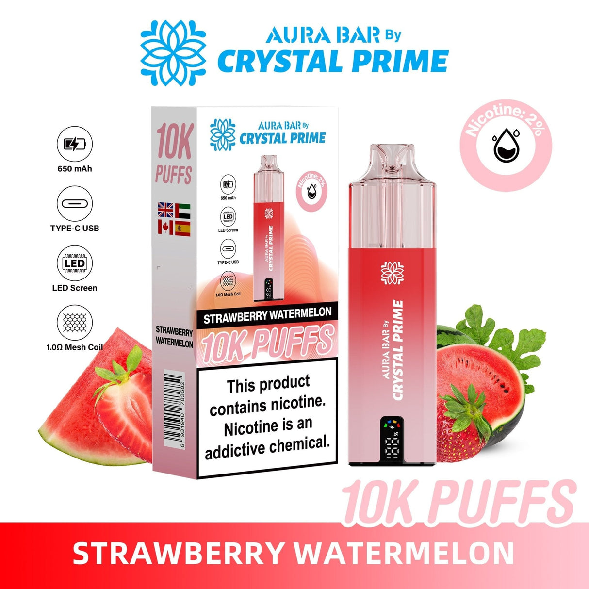 Aura Bar 10000 Disposable Vape By Crystal Prime - Pack of 5 - Strawberry Watermelon - vapeukwholesale