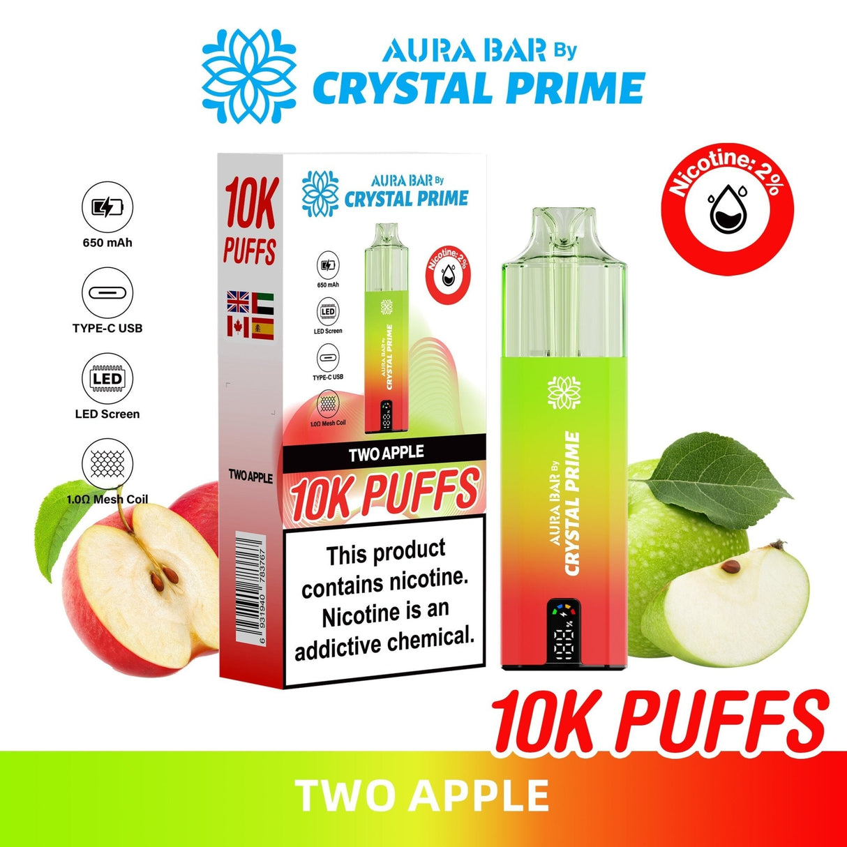 Aura Bar 10000 Disposable Vape By Crystal Prime - Pack of 5 - Two Apple - vapeukwholesale