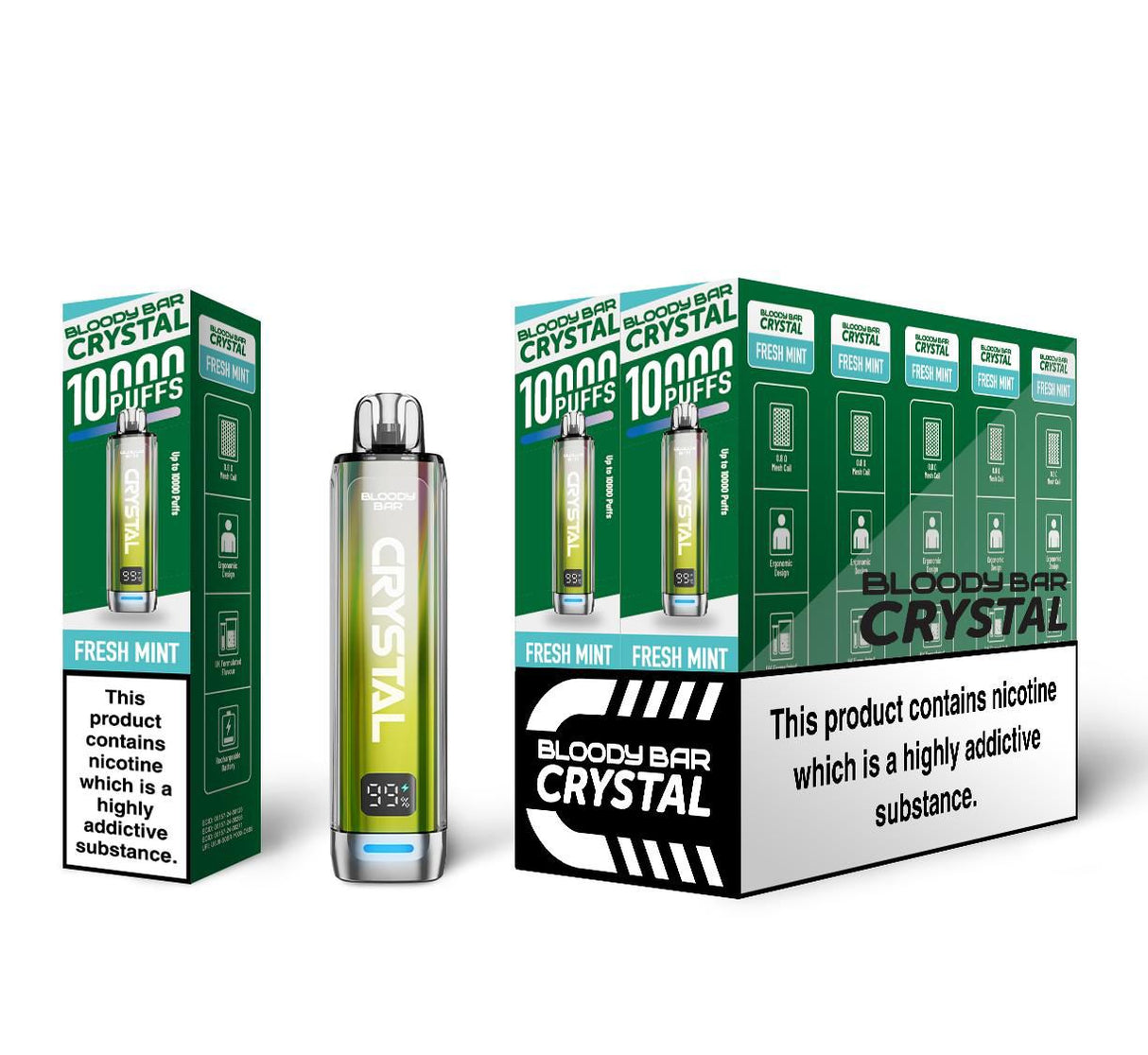 Bloody Bar Crystal 10k Disposable Vape Box of 5 - Fresh Mint - vapeukwholesale