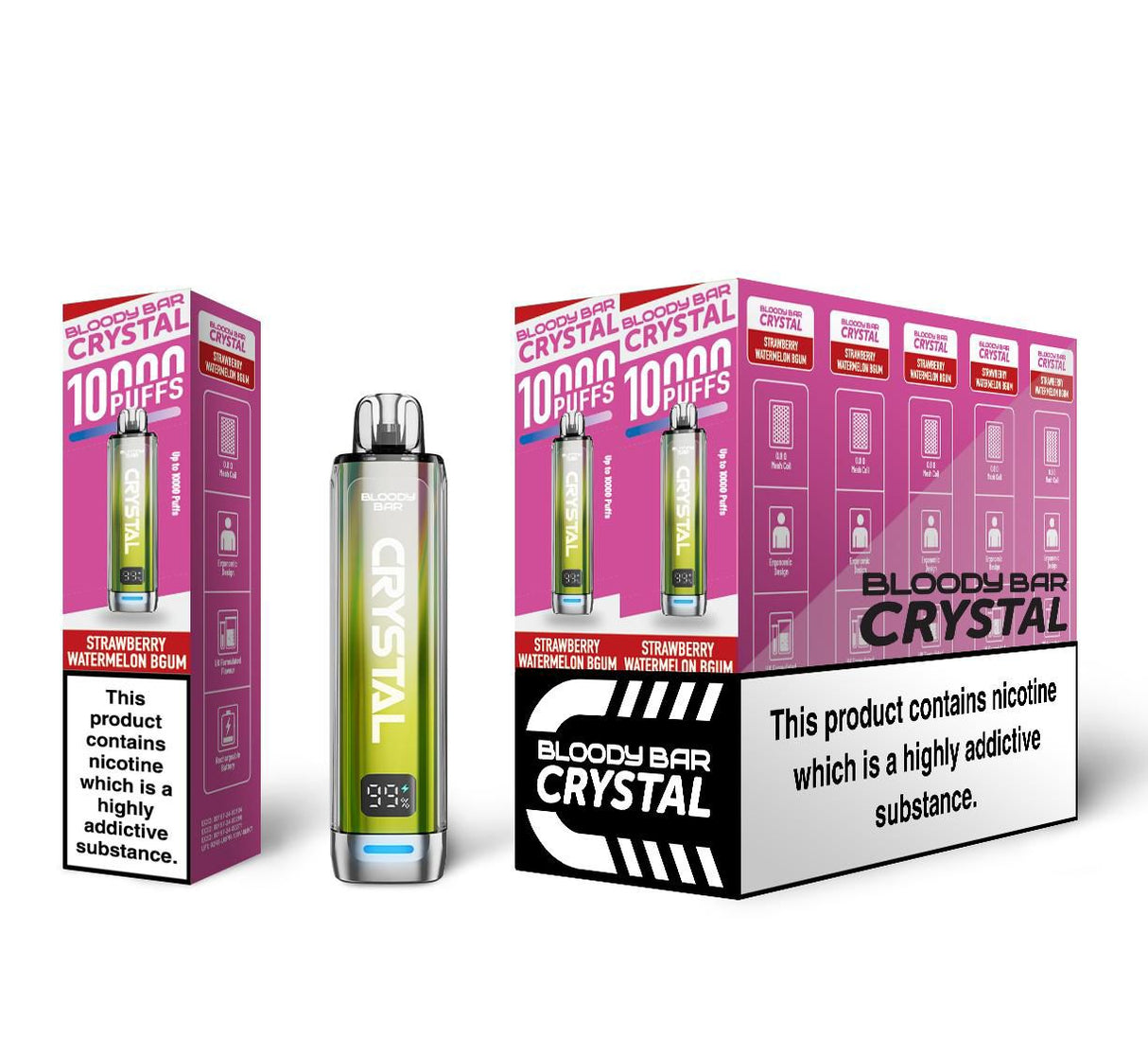 Bloody Bar Crystal 10k Disposable Vape Box of 5 - Strawberry Watermelon Bubble Gum - vapeukwholesale