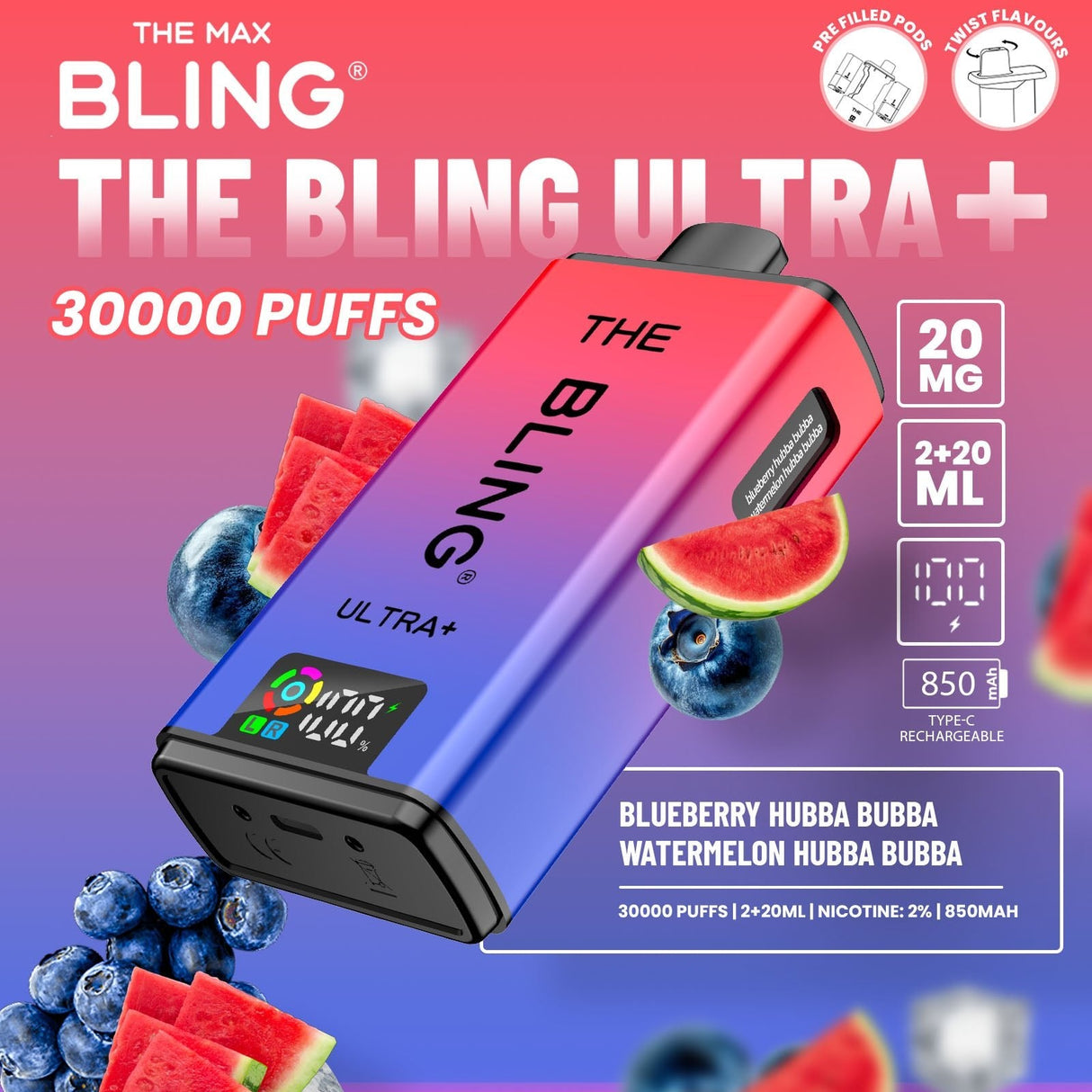 The Bling Ultra Plus 30k Prefilled Vape Pod Kit Box of 5