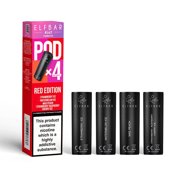 Elf Bar 4 - In - 1 Prefilled Replacement Pods Box of 10 - Red Edition - vapeukwholesale