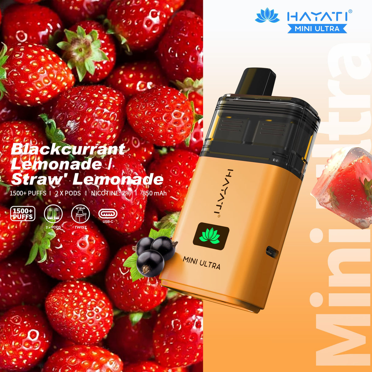 Hayati Mini Ultra 1500 Disposable Vape Box of 5 - Blackcurrant Lemonade / Straw Lemonade - vapeukwholesale