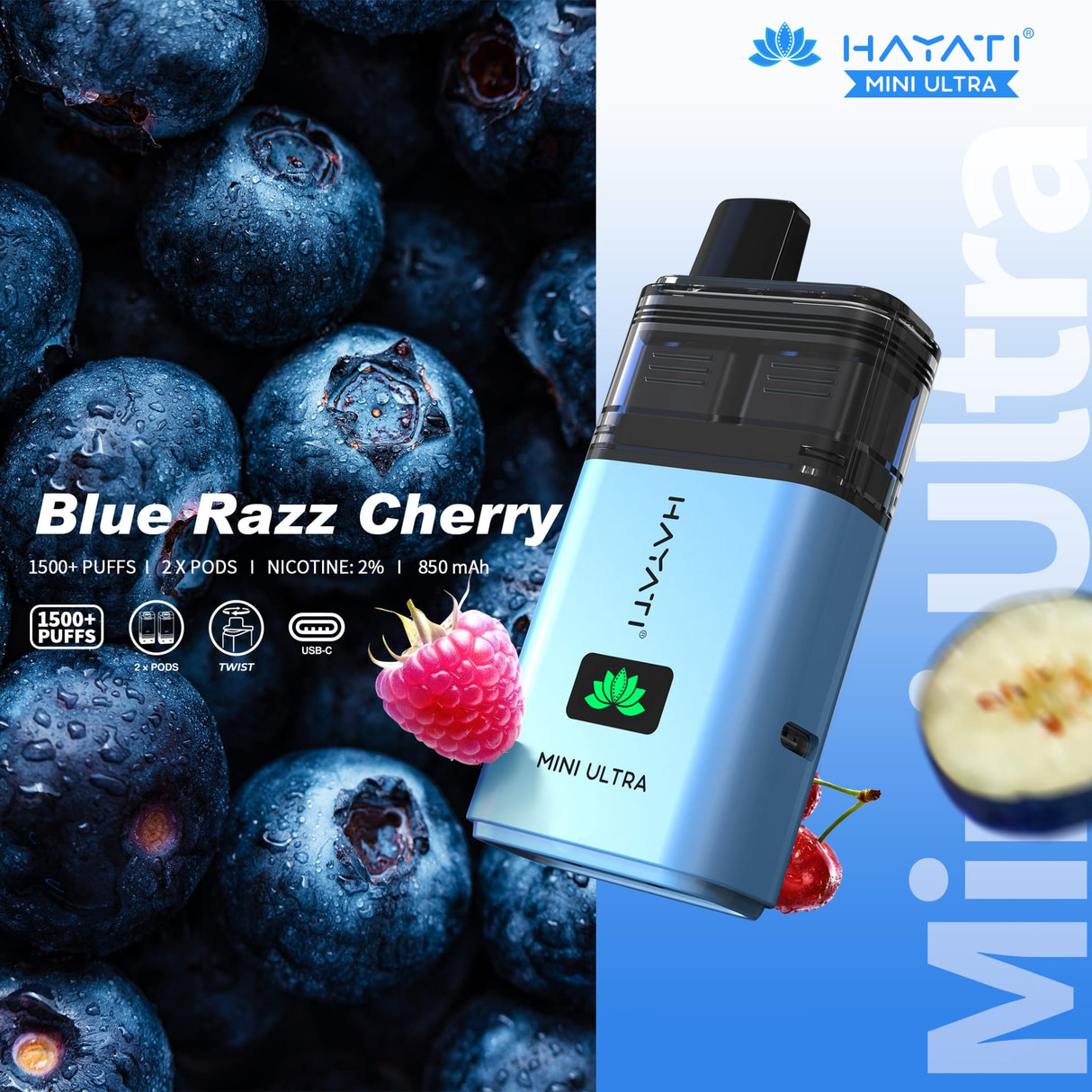 Hayati Mini Ultra 1500 Disposable Vape Box of 5 - Blue Razz Cherry - vapeukwholesale