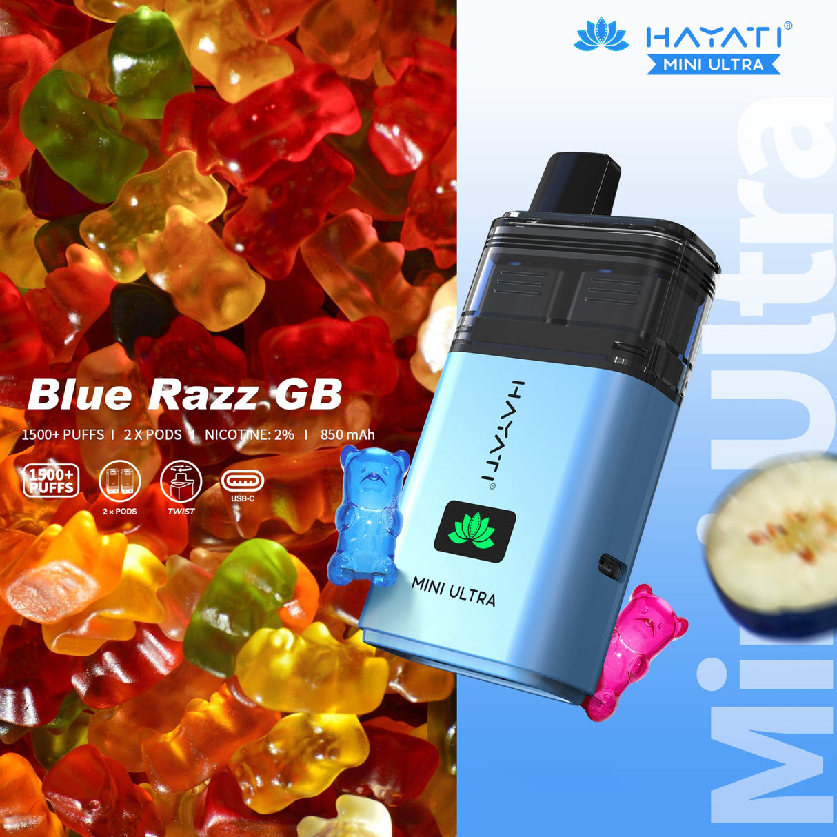 Hayati Mini Ultra 1500 Disposable Vape Box of 5 - Blue Razz GB - vapeukwholesale