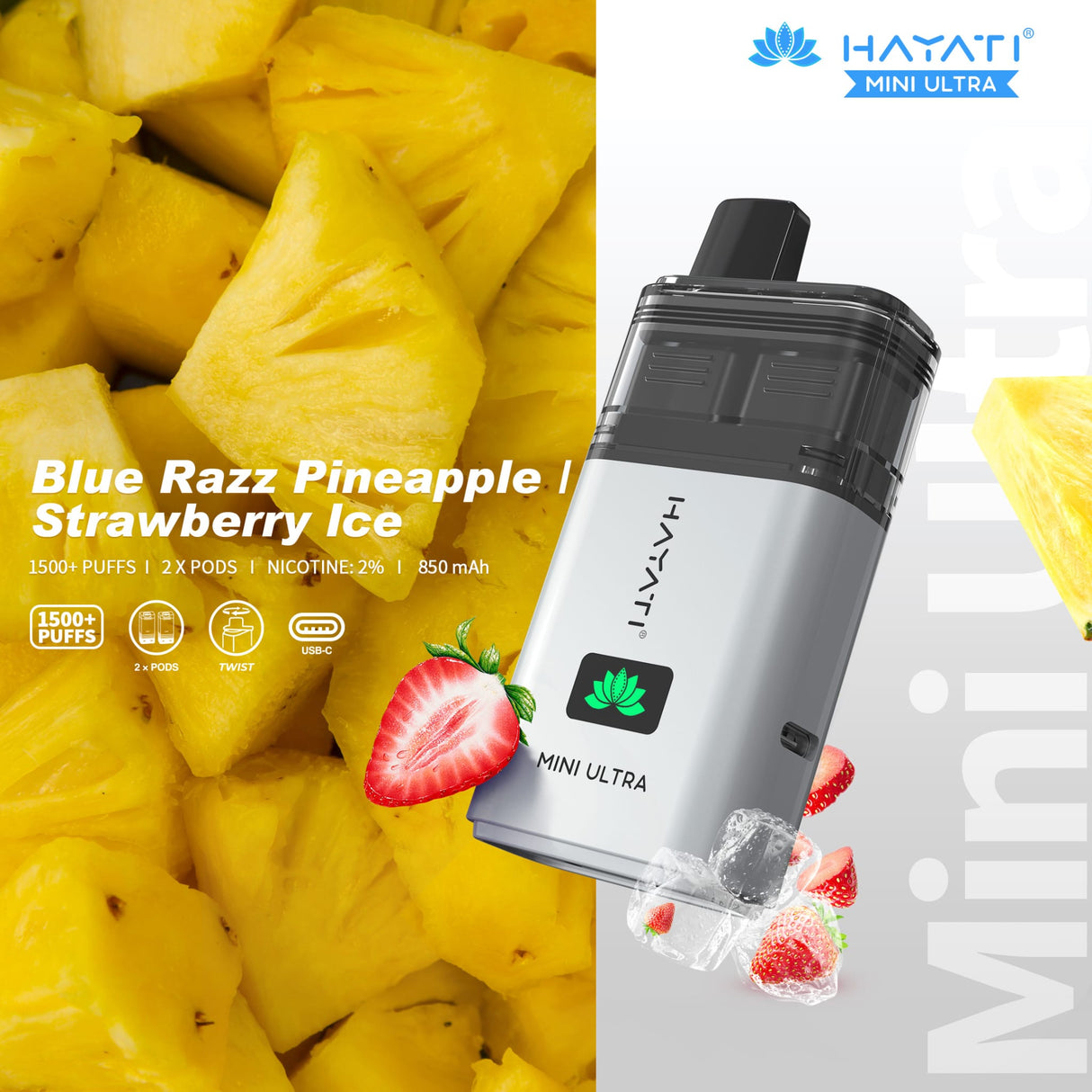 Hayati Mini Ultra 1500 Disposable Vape Box of 5 - Blue Razz Pineapple / Strawberry Ice - vapeukwholesale