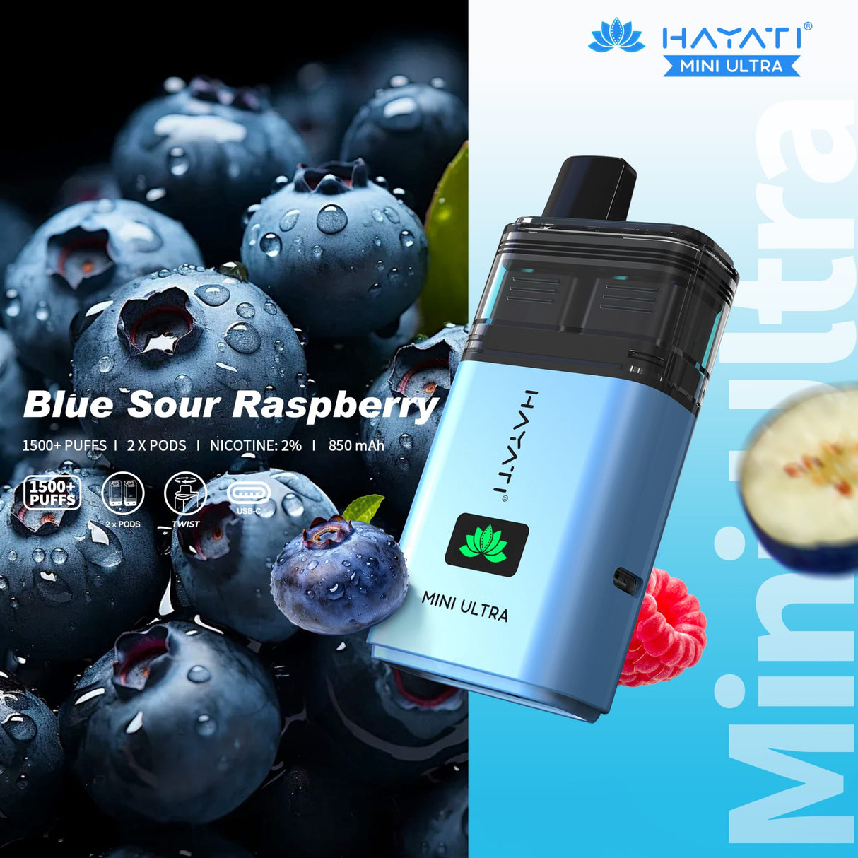 Hayati Mini Ultra 1500 Disposable Vape Box of 5 - Blue Sour Raspberry - vapeukwholesale