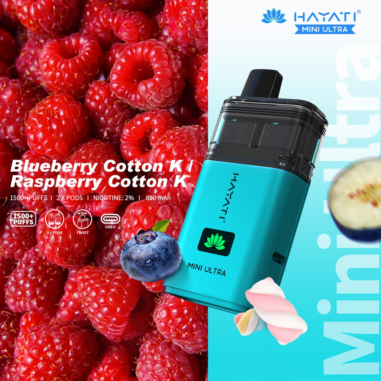 Hayati Mini Ultra 1500 Disposable Vape Box of 5 - Blueberry Cotton K / Raspberry Cotton K - vapeukwholesale