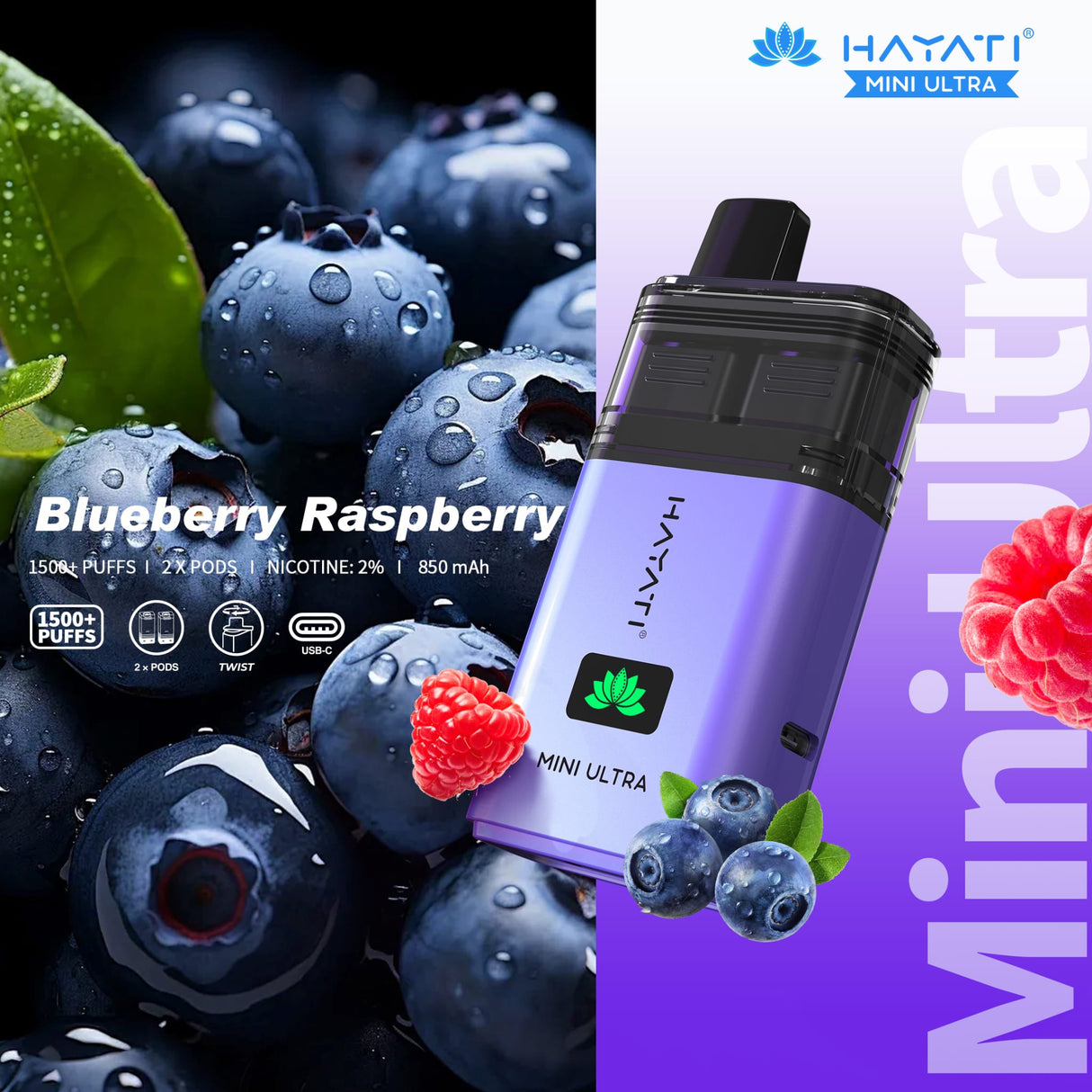 Hayati Mini Ultra 1500 Disposable Vape Box of 5 - Blueberry Raspberry - vapeukwholesale