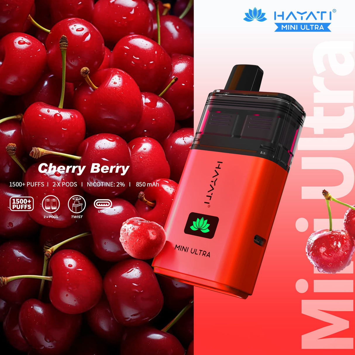 Hayati Mini Ultra 1500 Disposable Vape Box of 5 - Cherry Berry - vapeukwholesale