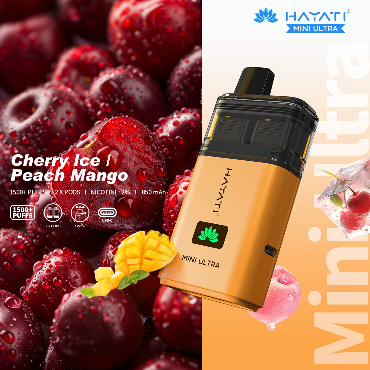 Hayati Mini Ultra 1500 Disposable Vape Box of 5 - Cherry Ice / Peach Mango - vapeukwholesale