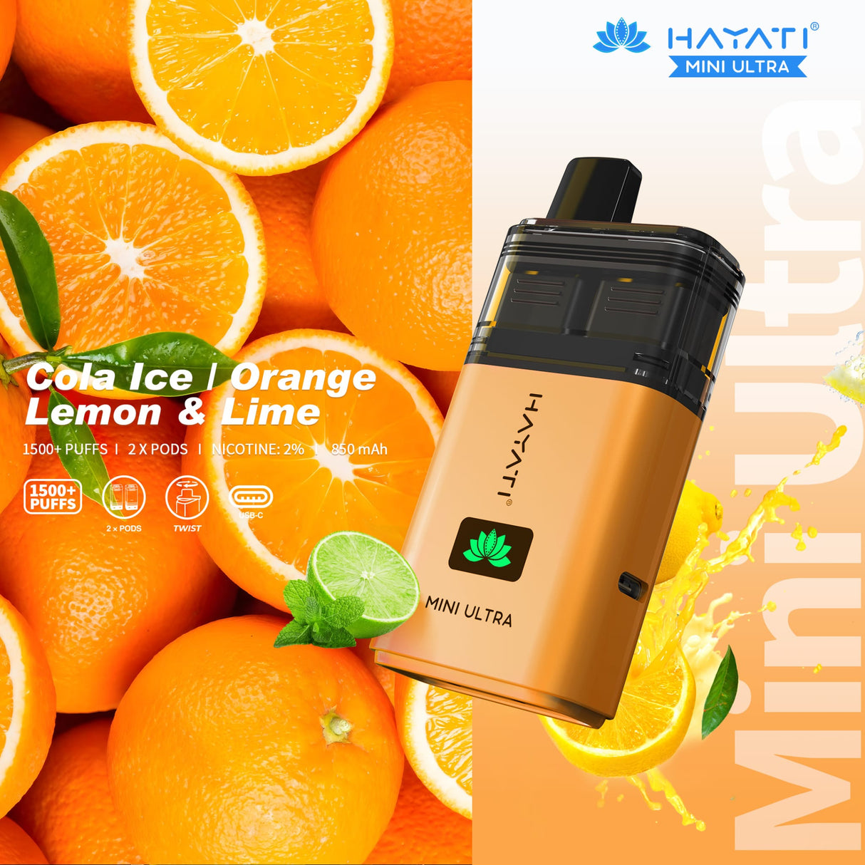 Hayati Mini Ultra 1500 Disposable Vape Box of 5 - Cola Ice / Orange Lemon & Lime - vapeukwholesale