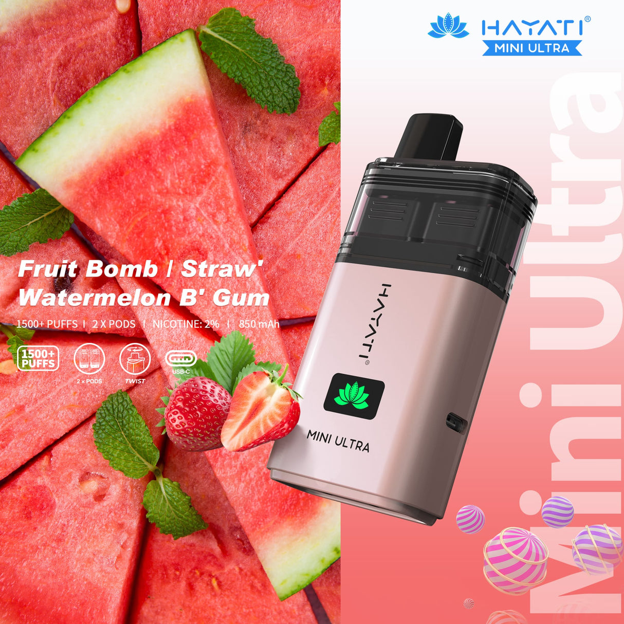 Hayati Mini Ultra 1500 Disposable Vape Box of 5 - Fruit Bomb / Straw' Watermelon B' Gum - vapeukwholesale