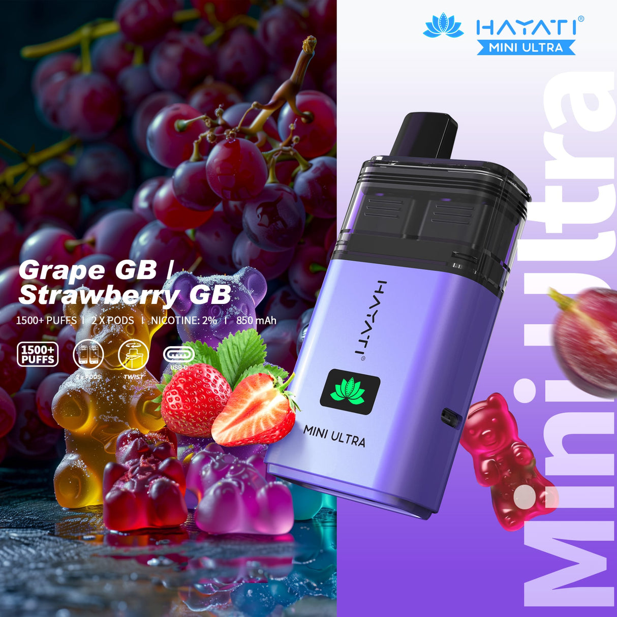 Hayati Mini Ultra 1500 Disposable Vape Box of 5 - Grape GB / Strawberry GB - vapeukwholesale