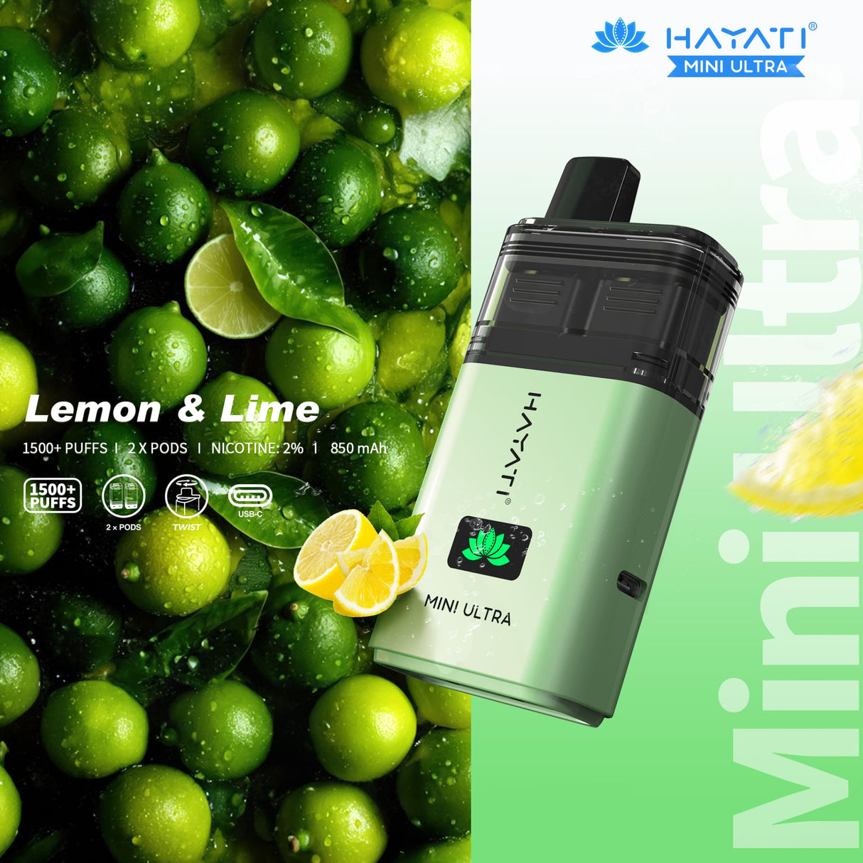 Hayati Mini Ultra 1500 Disposable Vape Box of 5 - Lemon & Lime - vapeukwholesale