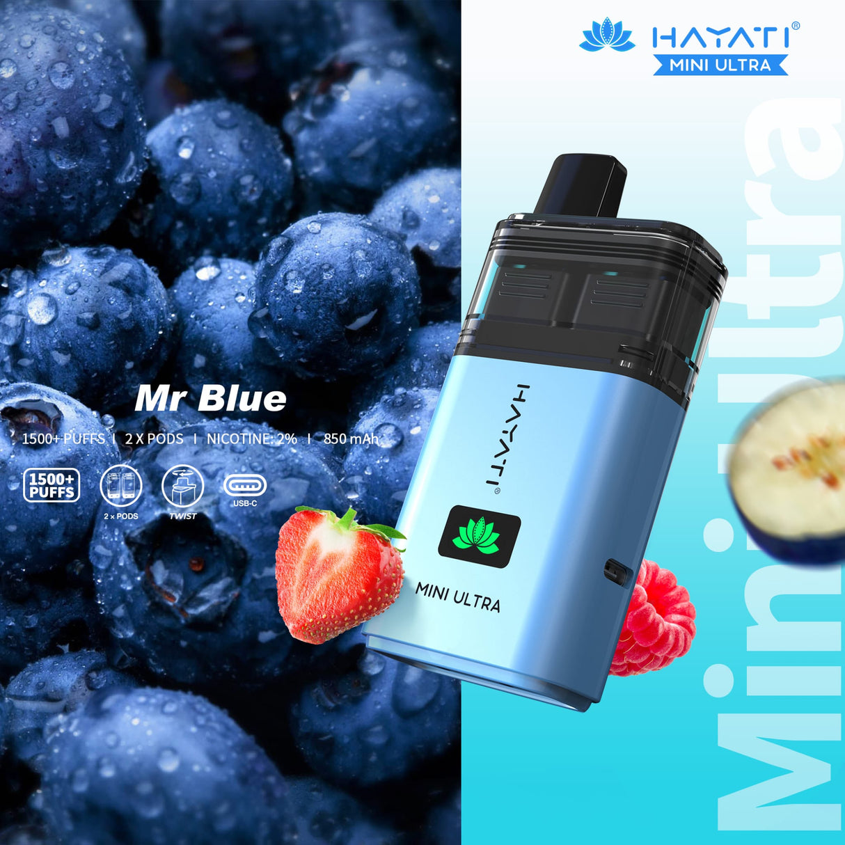 Hayati Mini Ultra 1500 Disposable Vape Box of 5 - Mr Blue - vapeukwholesale
