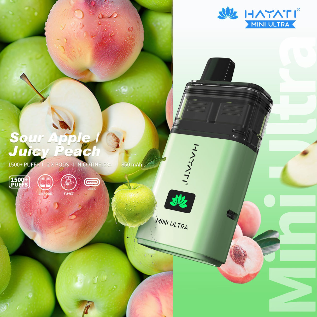 Hayati Mini Ultra 1500 Disposable Vape Box of 5 - Sour Apple / Juicy Peach - vapeukwholesale