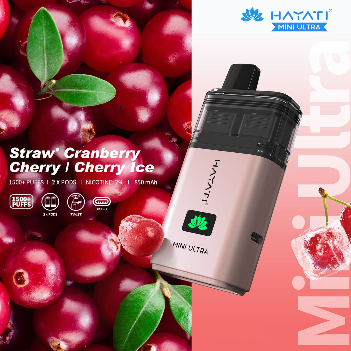 Hayati Mini Ultra 1500 Disposable Vape Box of 5 - Straw' Cranberry Cherry / Cherry Ice - vapeukwholesale