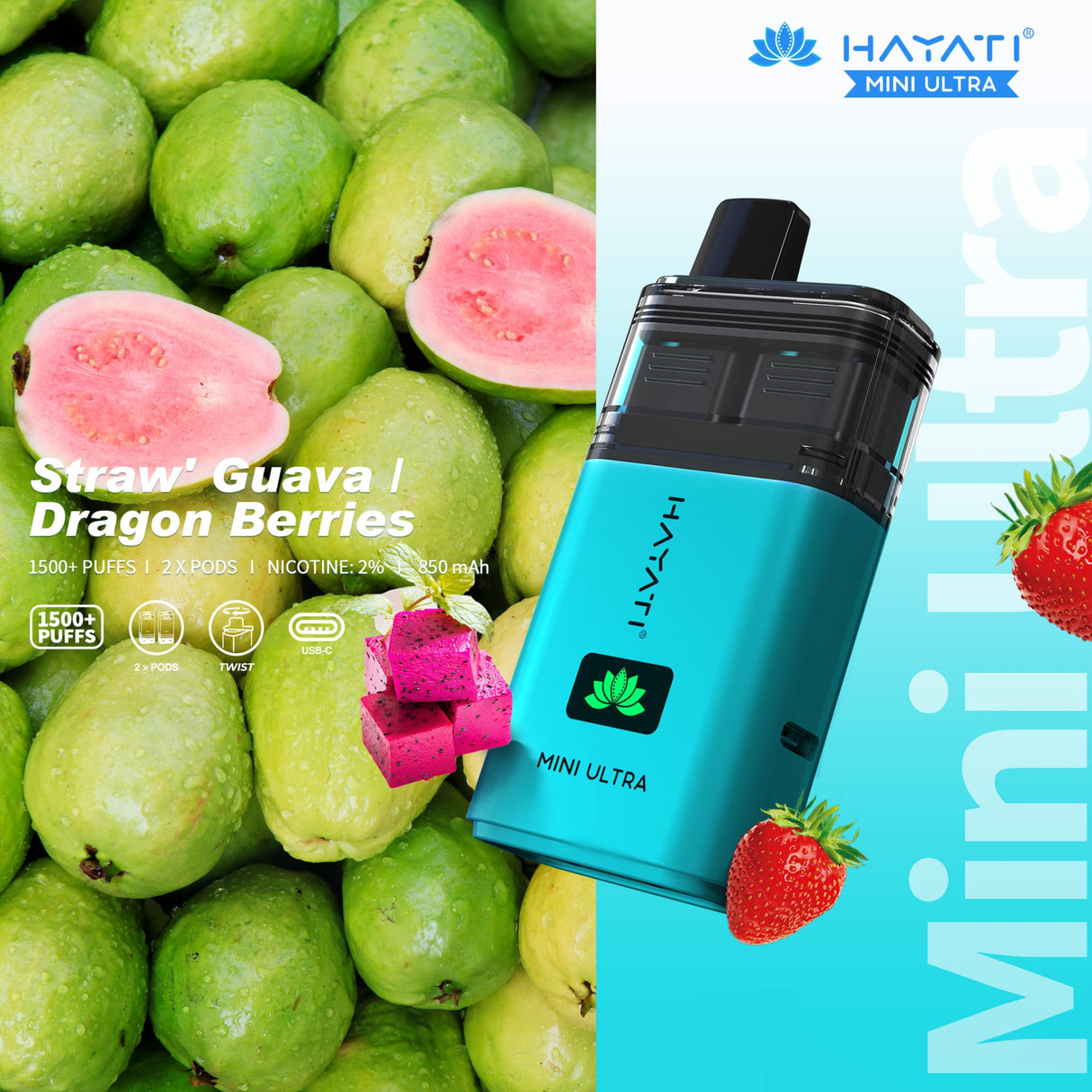 Hayati Mini Ultra 1500 Disposable Vape Box of 5 - Straw' Guava / Dragon Berries - vapeukwholesale