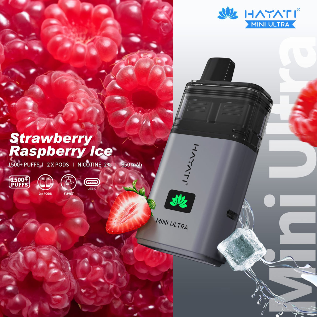 Hayati Mini Ultra 1500 Disposable Vape Box of 5 - Strawberry Raspberry Ice - vapeukwholesale