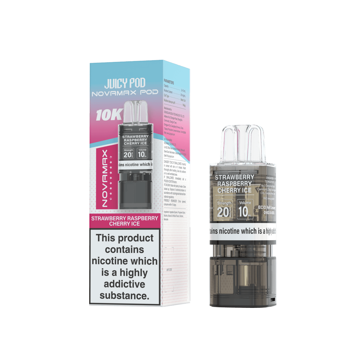 Juicy Pod Novamax 10k Replacement Pods - 10 pack - Strawberry Raspberry Cherry Ice - vapeukwholesale