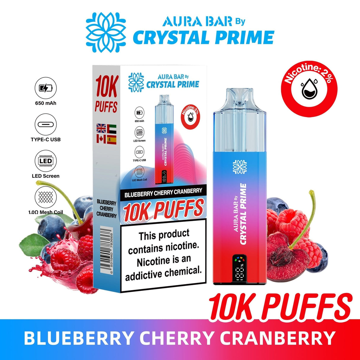 Aura Bar 10000 Disposable Vape By Crystal Prime - Pack of 5 - Blueberry Cherry Cranberry - vapeukwholesale
