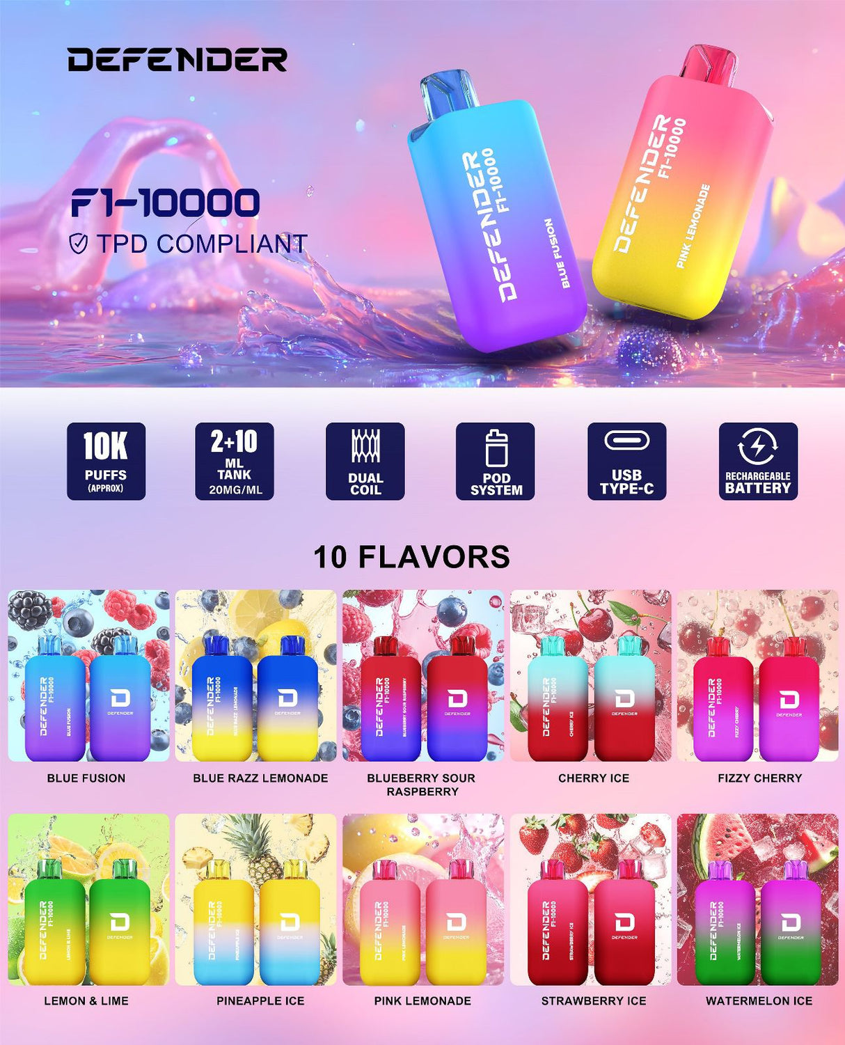 Defender F1 - 10000 Prefilled Pod Vape Kit ( Box of 5 ) - Blue Fusion - vapeukwholesale