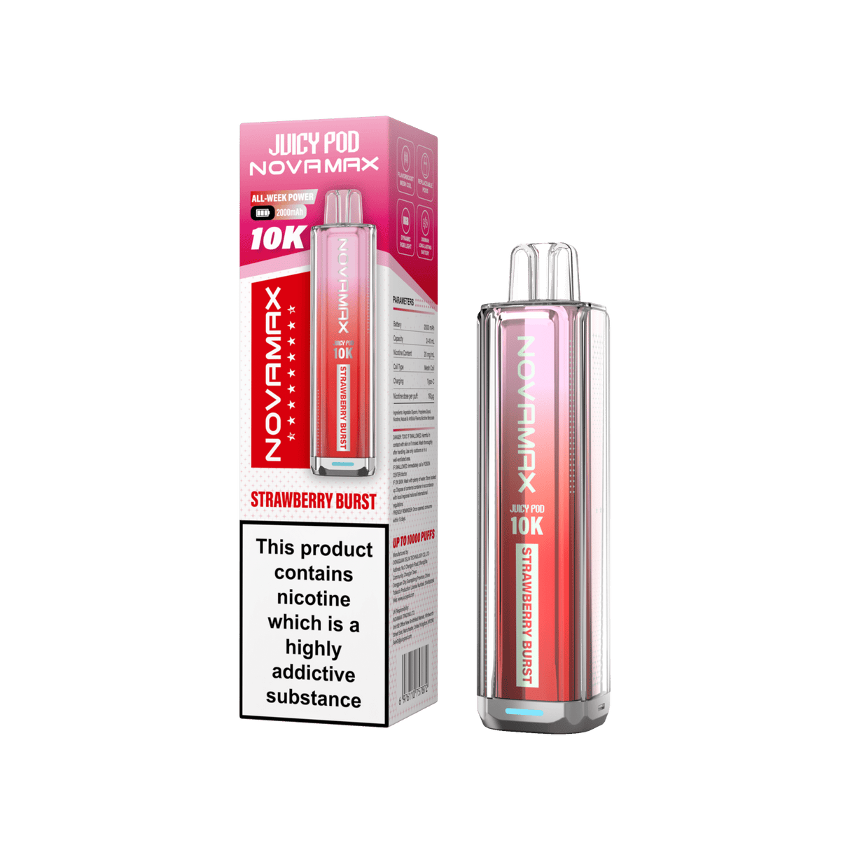 Juicy Pod Novamax 10k Prefilled Pod Vape Kit - Pack of 5 - Strawberry Burst - vapeukwholesale