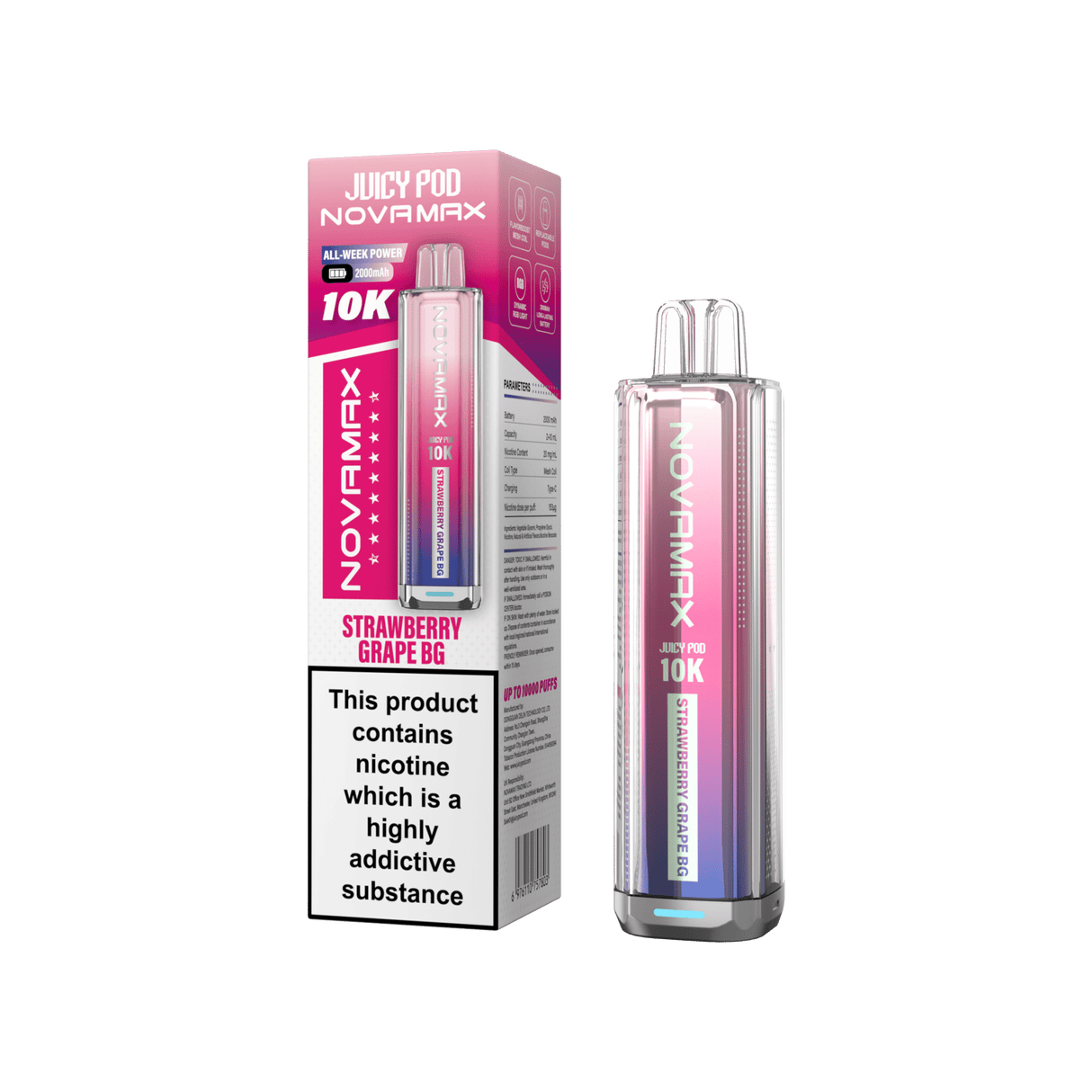 Juicy Pod Novamax 10k Prefilled Pod Vape Kit - Pack of 5 - Strawberry Grape BG - vapeukwholesale