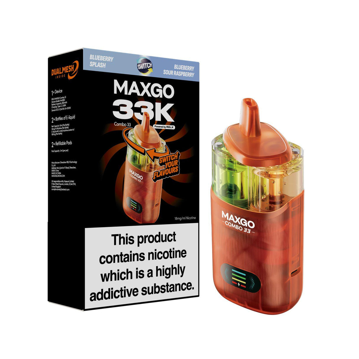 Relx Maxgo 33k Prefilled Pod Vape Kit - Pack of 3 - Blueberry Splash + Blueberry Sour Raspberry - vapeukwholesale